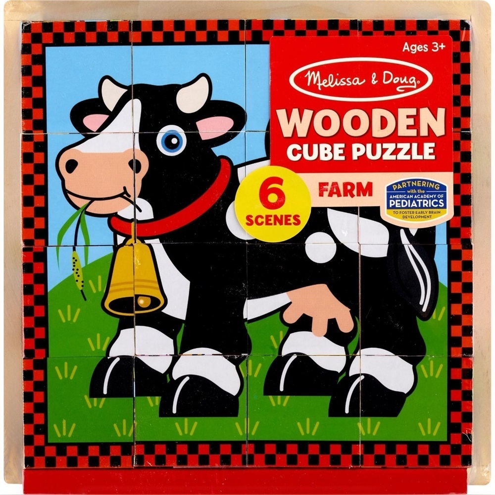 Melissa & Doug Farm Wooden Cube Puzzle - Black and White Cow
